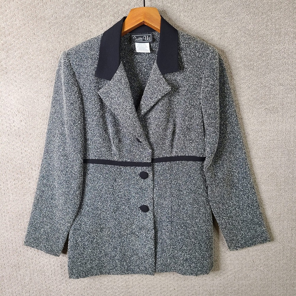 Suits Us Jacket Blazer Womens 12 Gray‎ Black Textured Button Up Polyester Casual